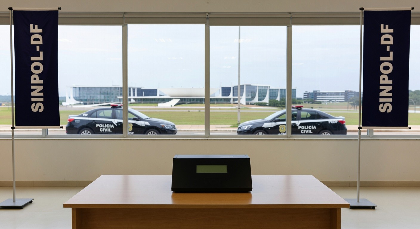 Urna eletrônica em eleição para diretoria do Sinpol-DF, com insígnias da Polícia Civil no Distrito Federal.