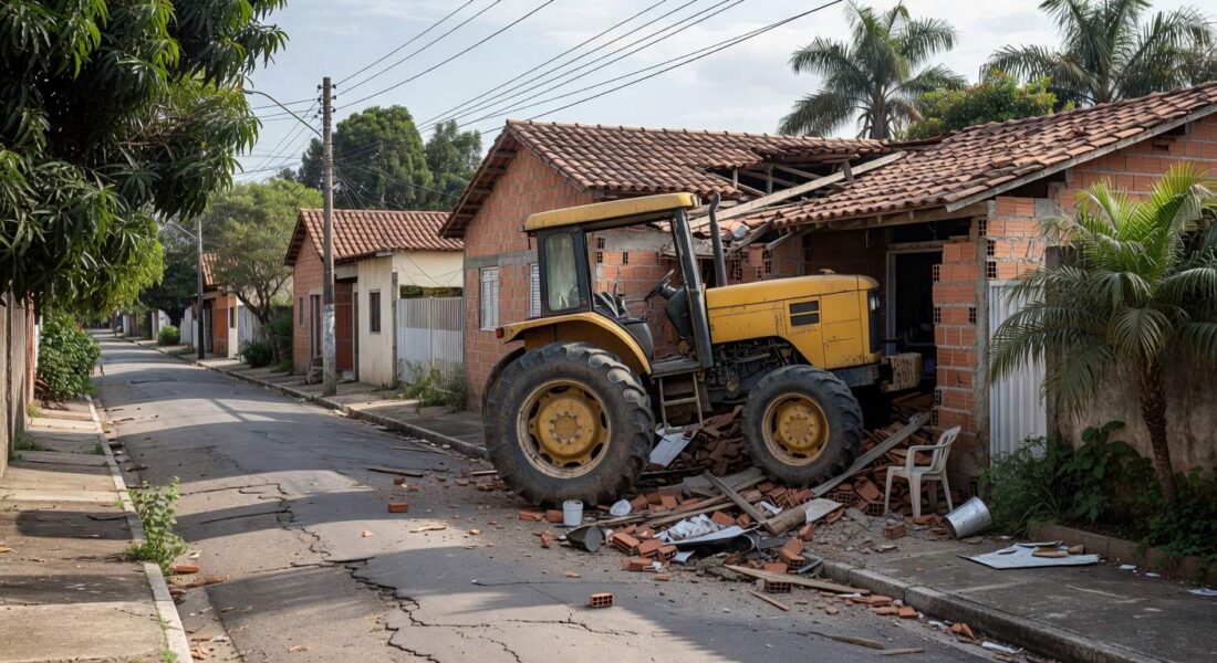 Cena de trator colidido com casas em Sobradinho II, mostrando danos em residências suburbanas no Distrito Federal.