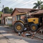 Cena de trator colidido com casas em Sobradinho II, mostrando danos em residências suburbanas no Distrito Federal.
