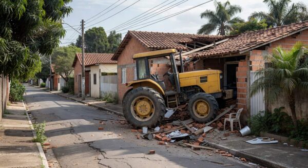Cena de trator colidido com casas em Sobradinho II, mostrando danos em residências suburbanas no Distrito Federal.