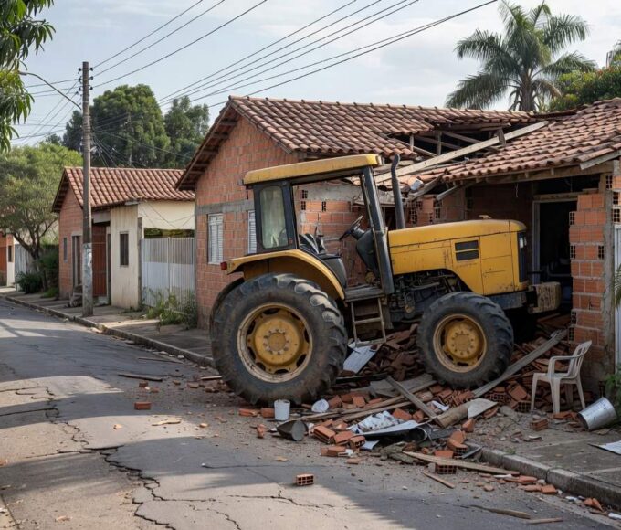 Cena de trator colidido com casas em Sobradinho II, mostrando danos em residências suburbanas no Distrito Federal.