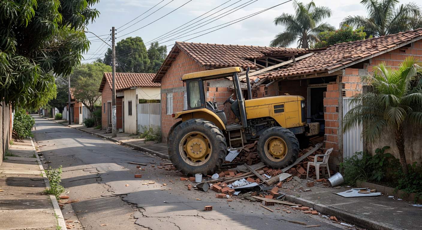 Cena de trator colidido com casas em Sobradinho II, mostrando danos em residências suburbanas no Distrito Federal.