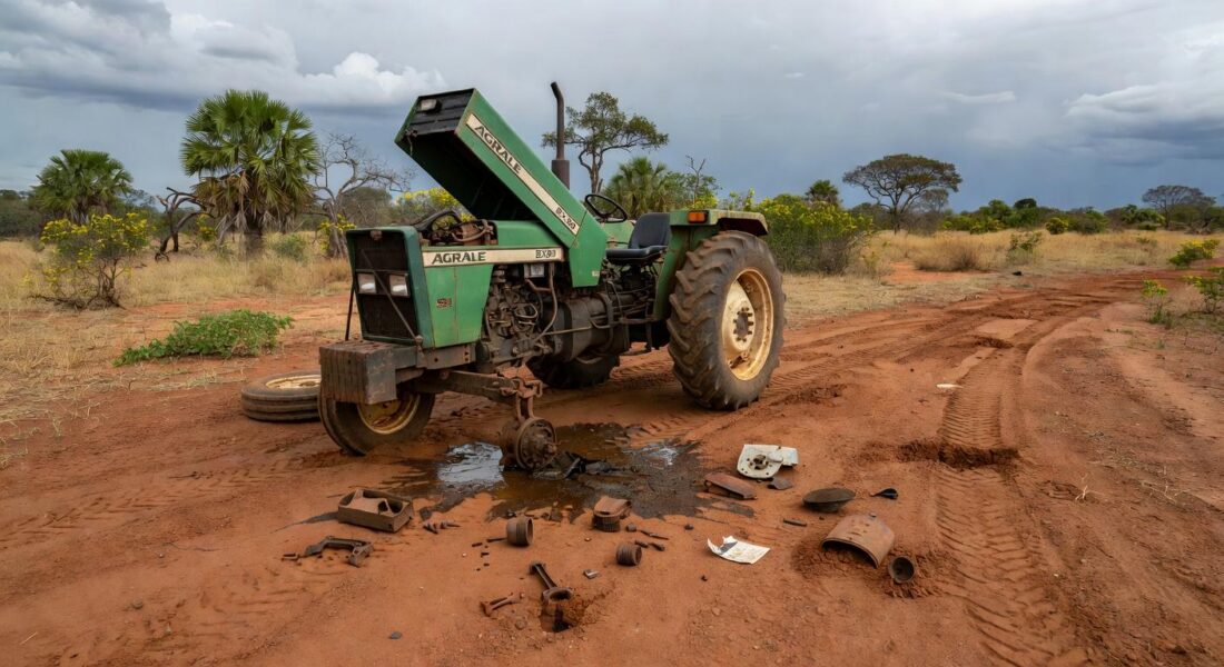 Trator com falha mecânica em área rural de Sobradinho II, Distrito Federal, Brasil.