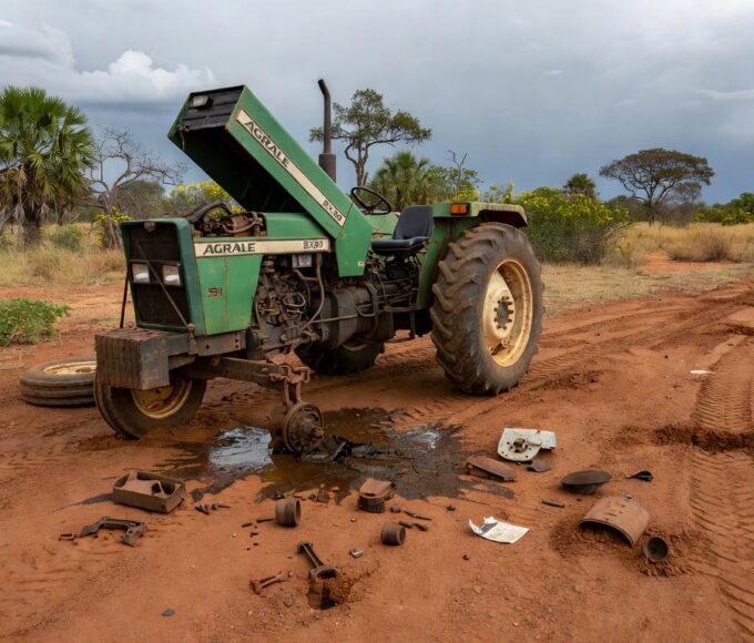 Trator com falha mecânica em área rural de Sobradinho II, Distrito Federal, Brasil.