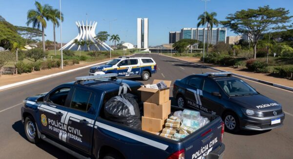 Viaturas da PCDF em operação contra tráfico interestadual em Brasília, com bens apreendidos representando bloqueio de R$ 1 bilhão.