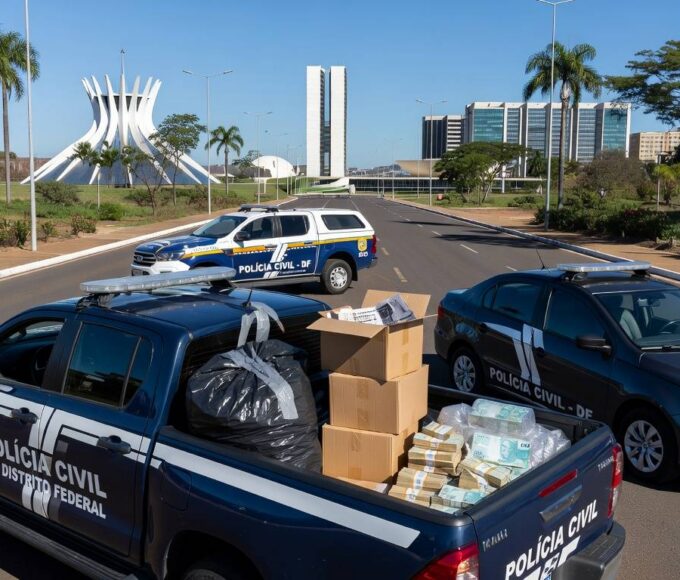 Viaturas da PCDF em operação contra tráfico interestadual em Brasília, com bens apreendidos representando bloqueio de R$ 1 bilhão.