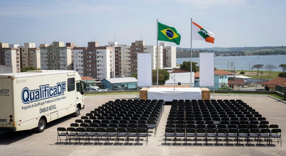 Ônibus do QualificaDF Móvel em praça no Paranoá durante celebração de formatura de alunos.