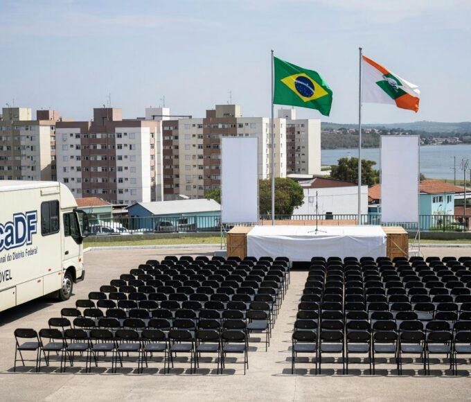 Ônibus do QualificaDF Móvel em praça no Paranoá durante celebração de formatura de alunos.