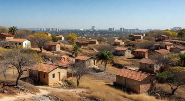 Vista panorâmica do Assentamento José Wilker em Sobradinho, DF, com casas simples e vegetação de cerrado.