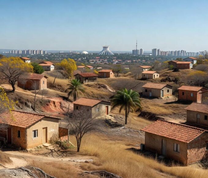Vista panorâmica do Assentamento José Wilker em Sobradinho, DF, com casas simples e vegetação de cerrado.