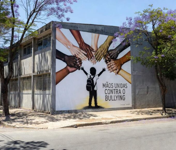 Escola em Sobradinho com símbolo de união contra bullying e cyberbullying, capacitação pela SSP-DF.