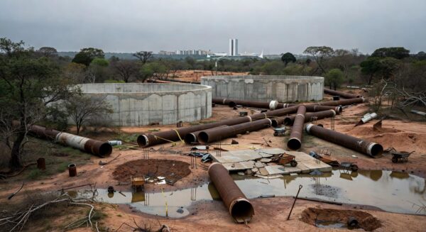Obras de abastecimento de água no DF, com tubulações e estruturas em construção, evocando fantasmas de racionamentos passados.