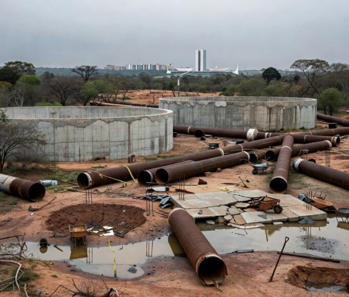 Obras de abastecimento de água no DF, com tubulações e estruturas em construção, evocando fantasmas de racionamentos passados.