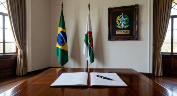 Quartel da PMDF em Brasília com viaturas e bandeiras, representando decreto de promoções na polícia e bombeiros.