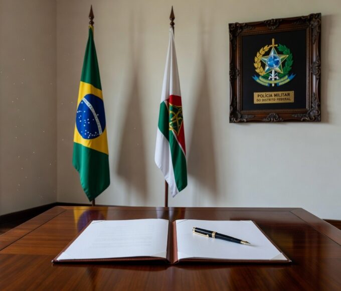 Quartel da PMDF em Brasília com viaturas e bandeiras, representando decreto de promoções na polícia e bombeiros.