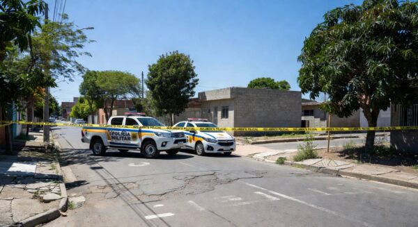 Viatura da polícia em frente a residência em Ceilândia após invasão e ameaças, cena de prisão.