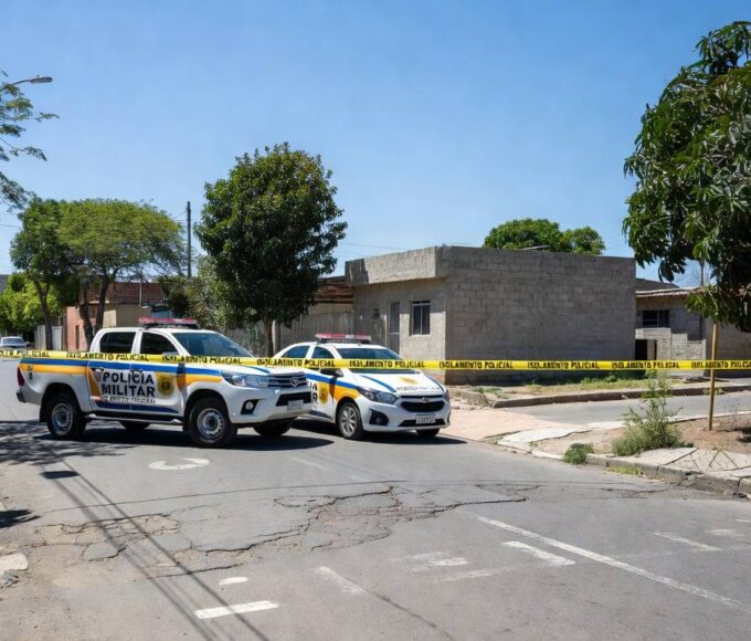 Viatura da polícia em frente a residência em Ceilândia após invasão e ameaças, cena de prisão.