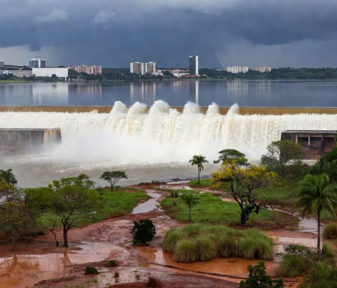 Barragem de Santa Maria transbordando no Distrito Federal, expondo riscos de inundações.
