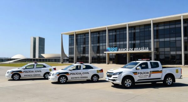 Viaturas da PCDF em frente ao BRB durante Operação Fraudis contra esquema de fraude de R$ 10 milhões.