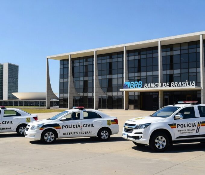 Viaturas da PCDF em frente ao BRB durante Operação Fraudis contra esquema de fraude de R$ 10 milhões.