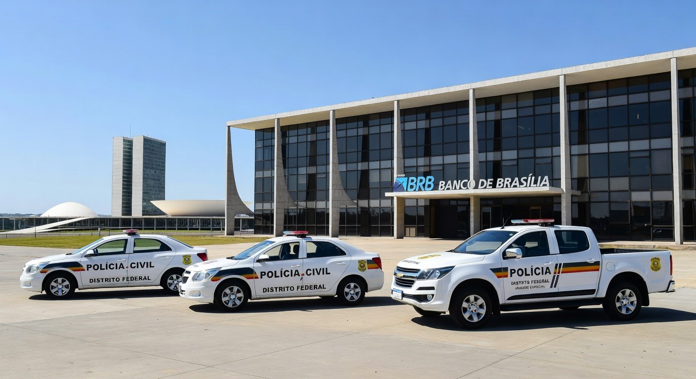 Viaturas da PCDF em frente ao BRB durante Operação Fraudis contra esquema de fraude de R$ 10 milhões.