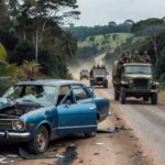 Carro antigo acidentado em rodovia brasileira, simbolizando assassinato de Juscelino Kubitschek pela ditadura militar.