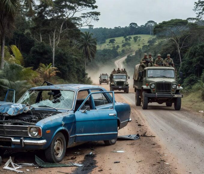 Carro antigo acidentado em rodovia brasileira, simbolizando assassinato de Juscelino Kubitschek pela ditadura militar.