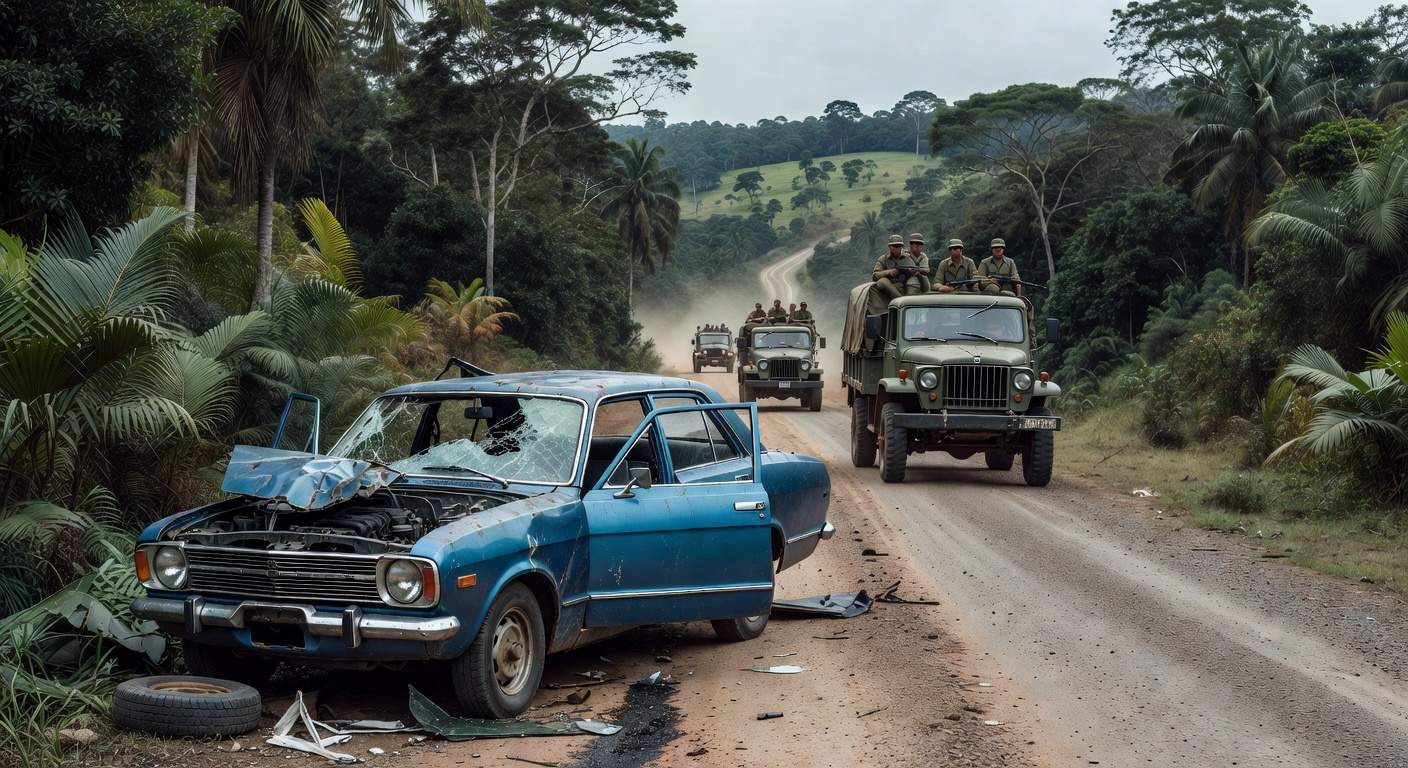 Carro antigo acidentado em rodovia brasileira, simbolizando assassinato de Juscelino Kubitschek pela ditadura militar.