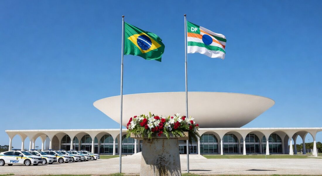 Homenagem à PMDF e Jair Soares em Brasília, com bandeiras, coroa de flores e viaturas policiais no Palácio do Buriti.