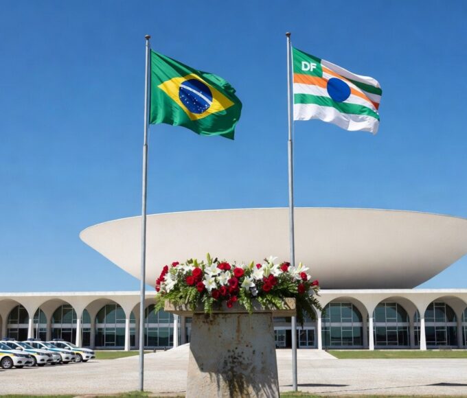 Homenagem à PMDF e Jair Soares em Brasília, com bandeiras, coroa de flores e viaturas policiais no Palácio do Buriti.