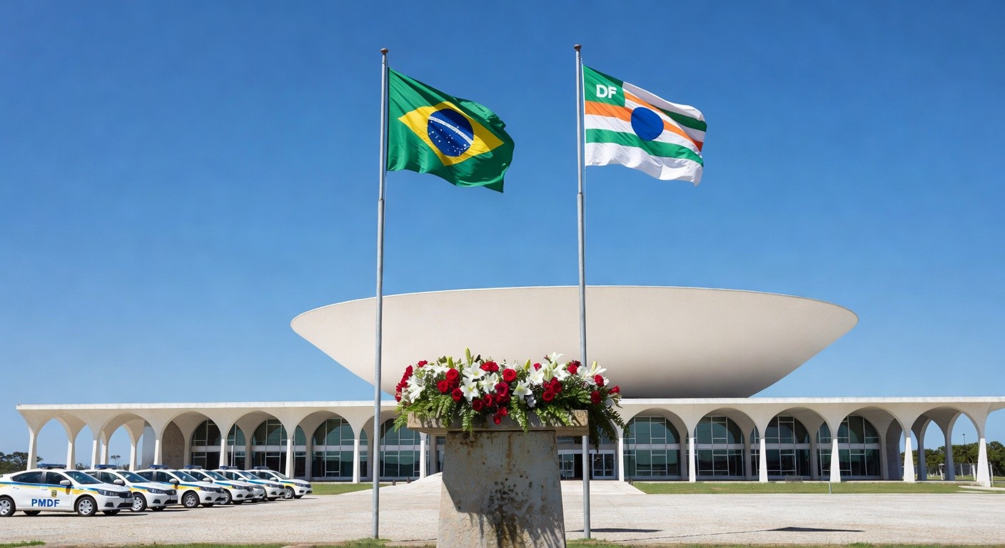 Homenagem à PMDF e Jair Soares em Brasília, com bandeiras, coroa de flores e viaturas policiais no Palácio do Buriti.