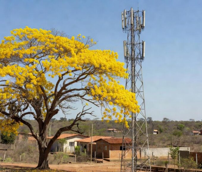 Ipê centenário ao lado de antena em Sobradinho, Distrito Federal