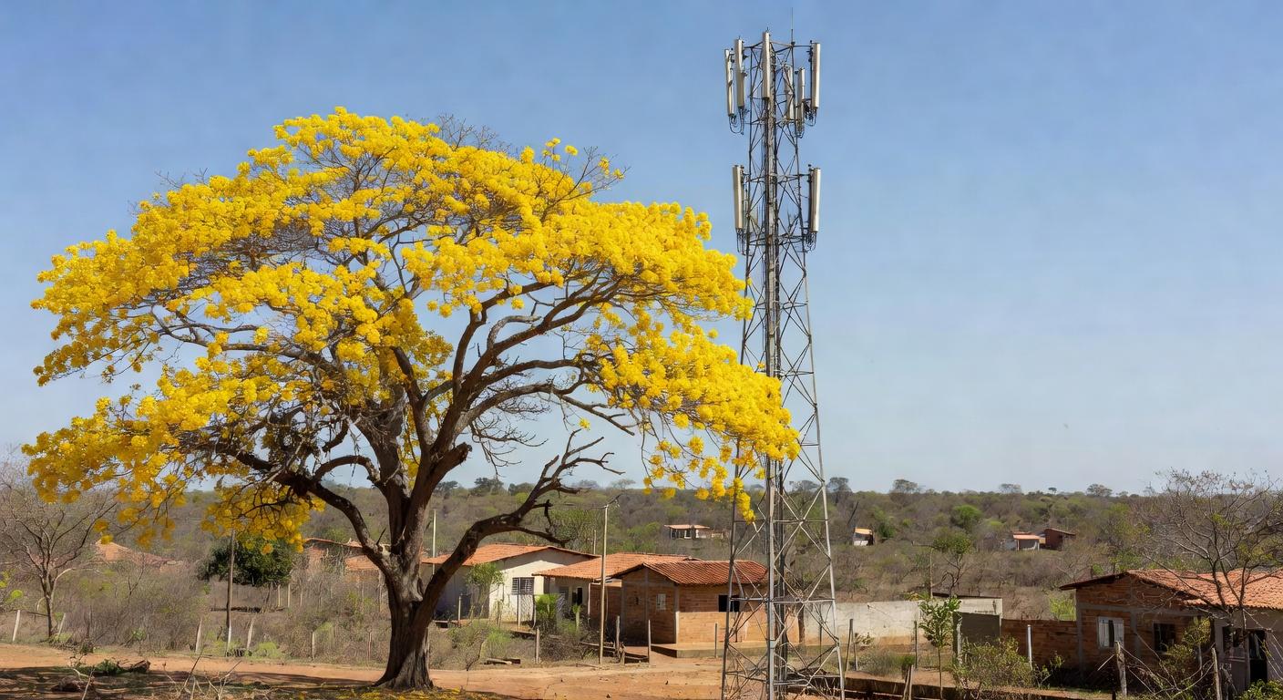 Ipê centenário ao lado de antena em Sobradinho, Distrito Federal