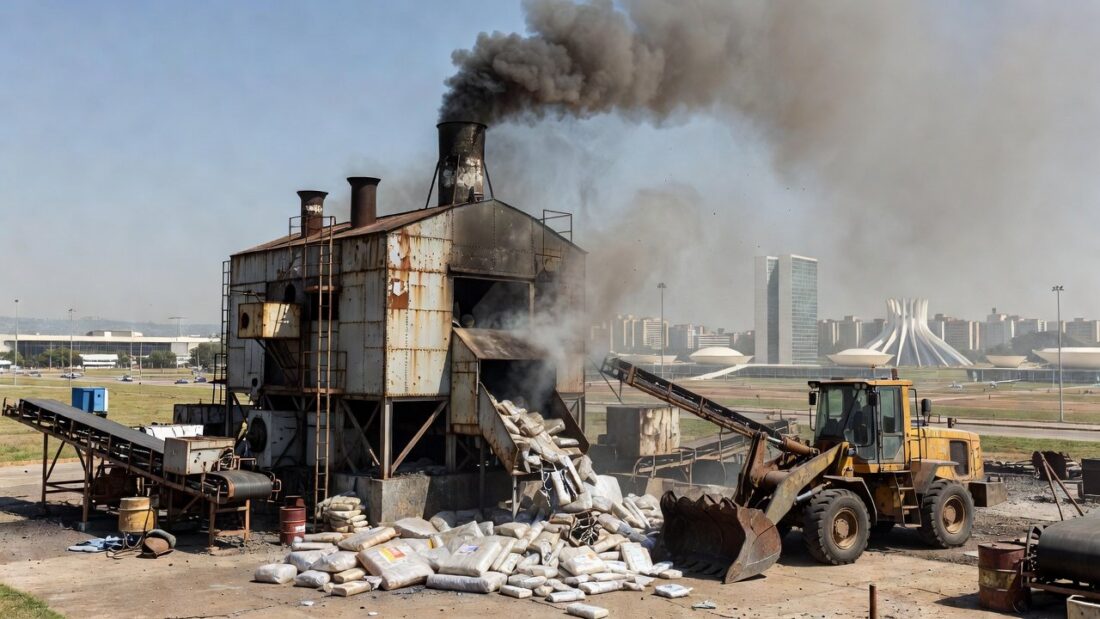 Incinerador industrial destruindo drogas apreendidas no Distrito Federal