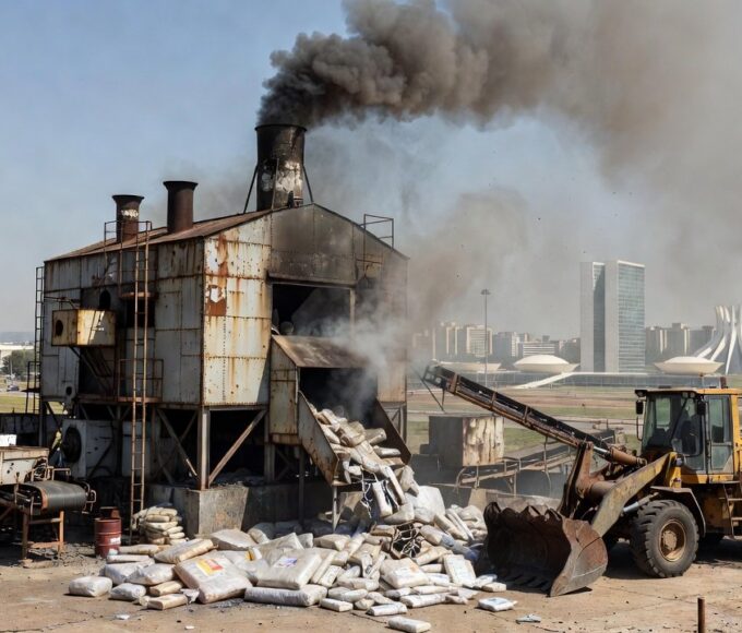 Incinerador industrial destruindo drogas apreendidas no Distrito Federal