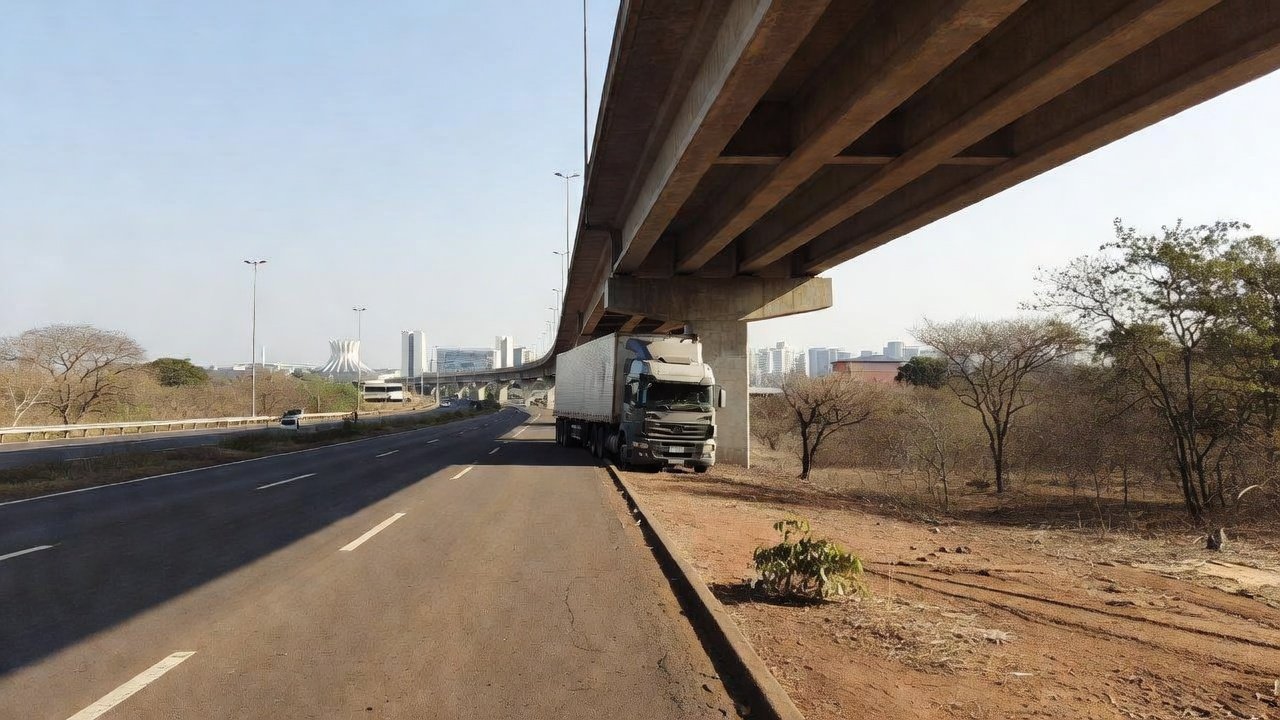 Carreta presa em viaduto da EPIA Sul no Distrito Federal