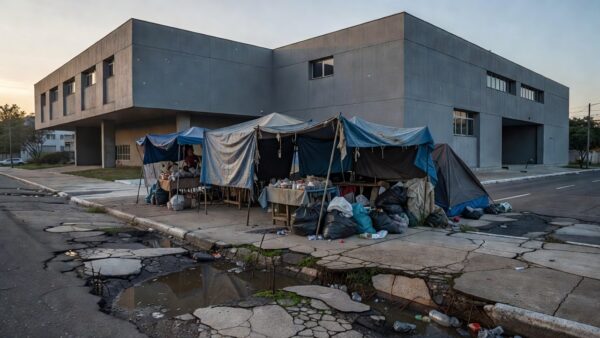Rua urbana brasileira com barracas improvisadas ao lado de prédio institucional