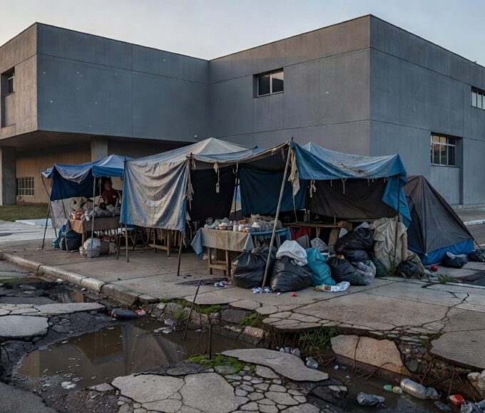 Rua urbana brasileira com barracas improvisadas ao lado de prédio institucional