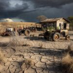 Paisagem rural no DF com elementos de burocracia, representando atraso em incentivos ao empreendedorismo agrícola