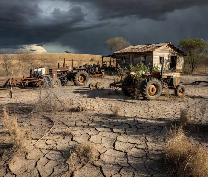 Paisagem rural no DF com elementos de burocracia, representando atraso em incentivos ao empreendedorismo agrícola