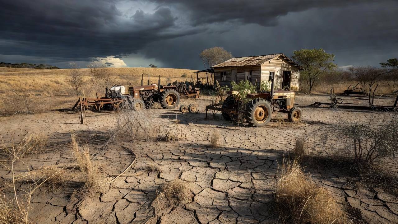 Paisagem rural no DF com elementos de burocracia, representando atraso em incentivos ao empreendedorismo agrícola