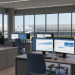 Centro de serviços públicos digitalizados do GDF com telas interativas e balcões vazios