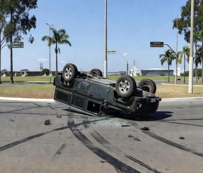 Land Rover capotada no Balão do Torto em Brasília após acidente