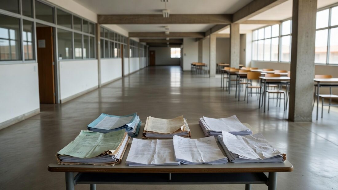 Escola pública em Brasília com documentos de remanejamento representando lei de proteção salarial a professores do DF