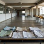 Escola pública em Brasília com documentos de remanejamento representando lei de proteção salarial a professores do DF