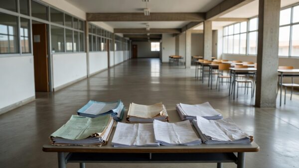 Escola pública em Brasília com documentos de remanejamento representando lei de proteção salarial a professores do DF