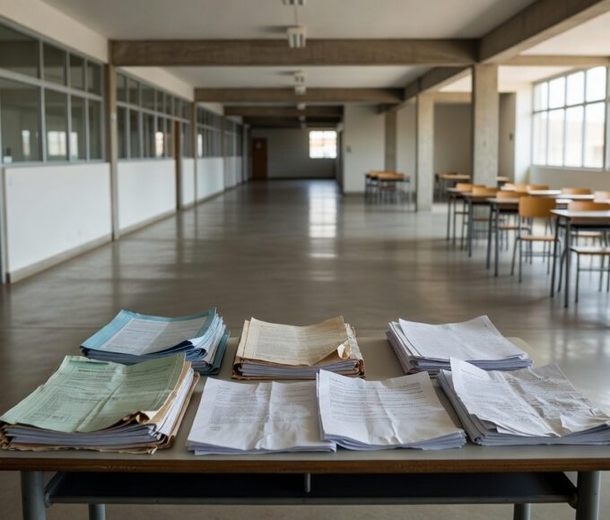 Escola pública em Brasília com documentos de remanejamento representando lei de proteção salarial a professores do DF