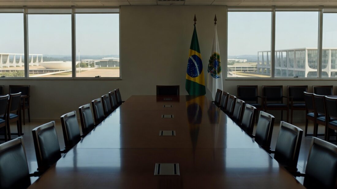 Sala de reuniões vazia em prédio público de Brasília representando encontro político sem acordo