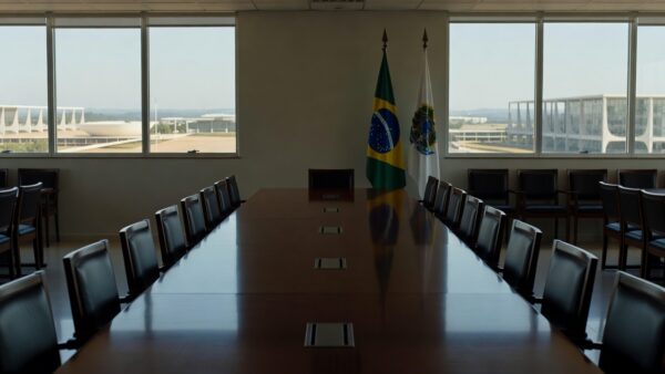 Sala de reuniões vazia em prédio público de Brasília representando encontro político sem acordo