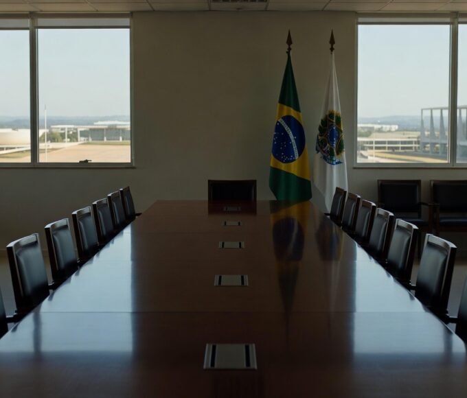 Sala de reuniões vazia em prédio público de Brasília representando encontro político sem acordo